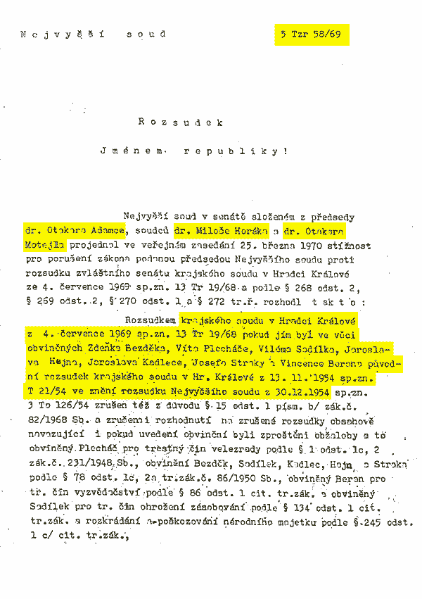 Tituln strana rozsudku zvltnho tribunlu Nejvyho soudu v ppad Klaban & spol., za asti JUDr. Motejla v roce 1970  --------- Zvti do tiskov velikosti - 1500 x 2000 pix, 60kb