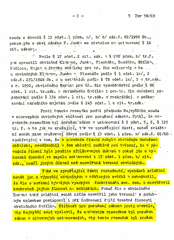 3. strana rozsudku zvltnho tribunlu Nejvyho soudu v ppad Klaban & spol., za asti JUDr. Motejla v roce 1970 --------- Zvti do tiskov velikosti - 1500 x 2000 pix, 60kb