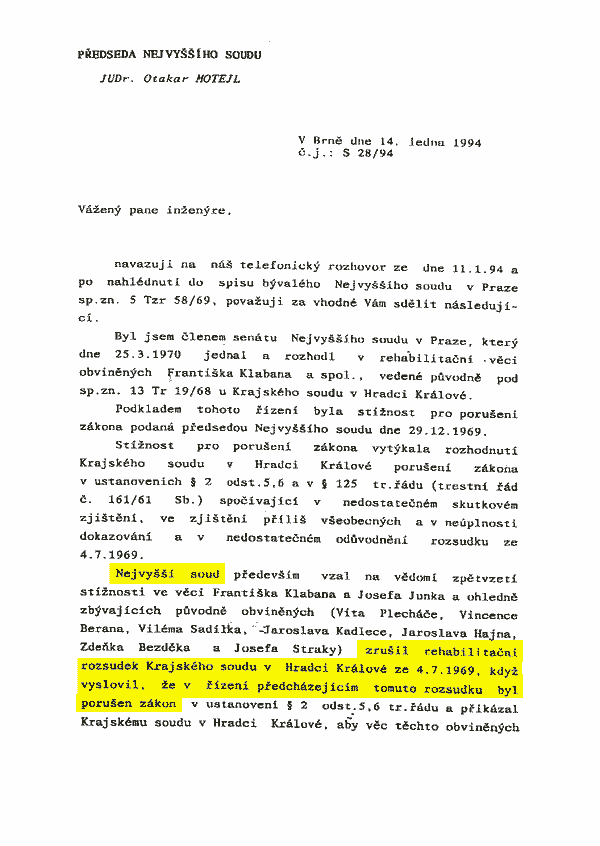 Tituln strana dopisu pedsedy nejvyho soudu Motejla Klabanovi, 1994  --------- Zvti do tiskov velikosti - 1500 x 2000 pix, 60kb